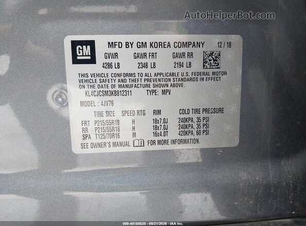 KL4CJCSM3KB812311 2019 BUICK ENCORE Gray Вид підкапотного простору