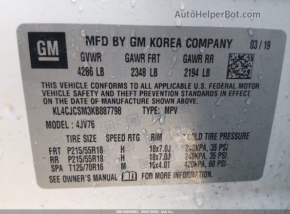 KL4CJCSM3KB887798 2019 BUICK ENCORE White ძრავის განყოფილების ხედი