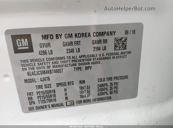 KL4CJCSM4KB746657 2019 BUICK ENCORE White Widok komory silnika