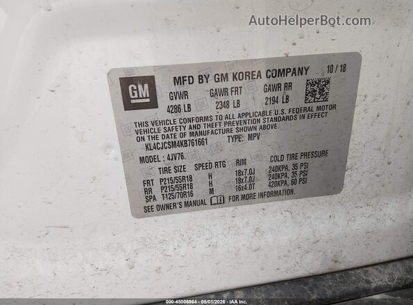 KL4CJCSM4KB761661 2019 BUICK ENCORE White Շարժիչի բաժամունքի տեսք