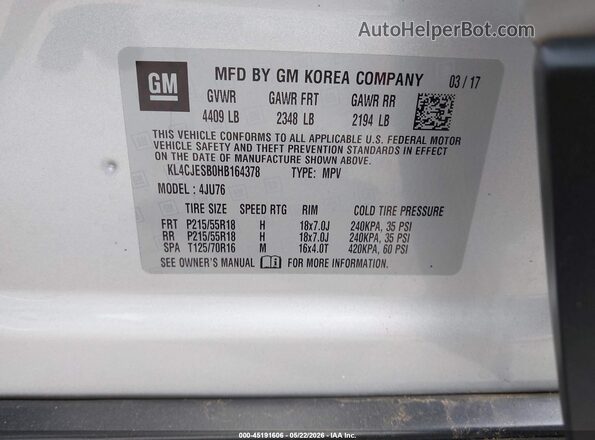 KL4CJESB0HB164378 2017 BUICK ENCORE Серебряный Вид подкапотного пространства