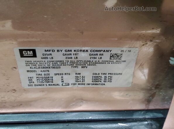 KL4CJESB0KB700320 2019 BUICK ENCORE Gold VIN კოდის სტიკერის ხედი