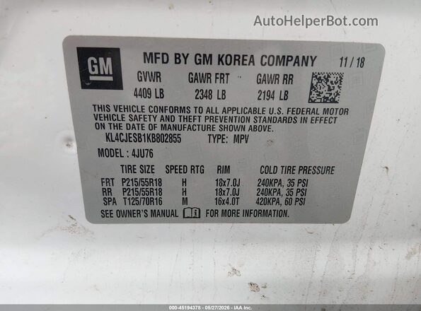 KL4CJESB1KB802855 2019 BUICK ENCORE White Engine compartment view