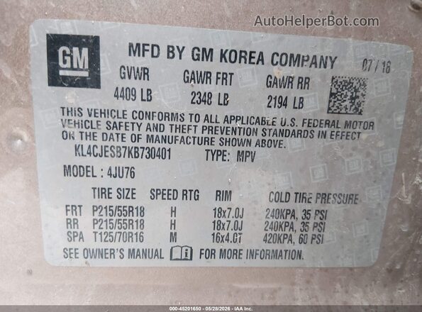 KL4CJESB7KB730401 2019 BUICK ENCORE Black Widok komory silnika