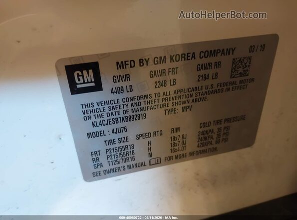 KL4CJESB7KB892819 2019 BUICK ENCORE White Widok komory silnika
