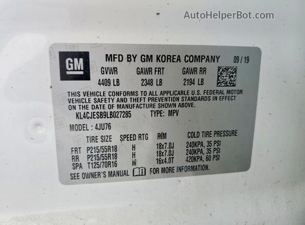KL4CJESB9LB027285 2020 BUICK ENCORE White 