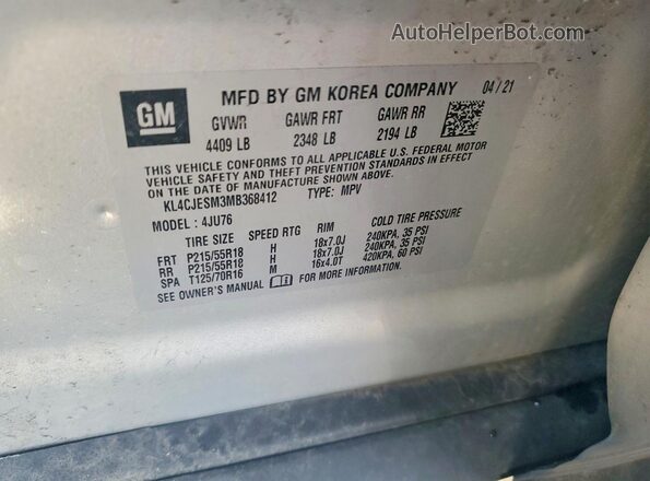KL4CJESM3MB368412 2021 BUICK ENCORE Серебряный Вид наклейки с VIN-кодом