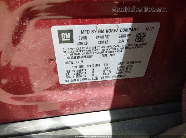 KL4CJESM4NB514561 2022 BUICK ENCORE Red Widok komory silnika