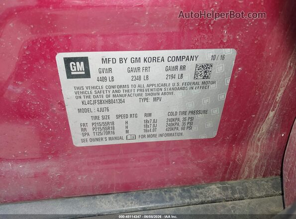 KL4CJFSBXHB041354 2017 BUICK ENCORE Red Շարժիչի բաժամունքի տեսք