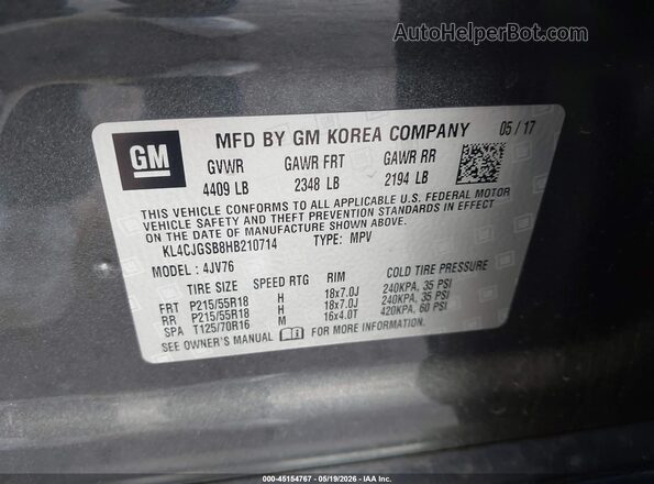 KL4CJGSB8HB210714 2017 BUICK ENCORE Gray Engine compartment view
