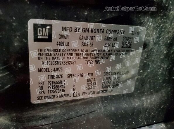 KL4CJGSM2KB892451 2019 BUICK ENCORE Черный Вид наклейки с VIN-кодом