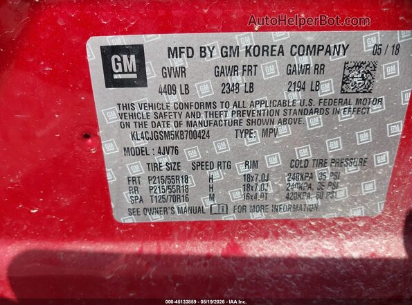 KL4CJGSM5KB700424 2019 BUICK ENCORE Красный Вид подкапотного пространства