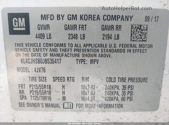 KL4CJHSB0JB535417 2018 BUICK ENCORE White Շարժիչի բաժամունքի տեսք