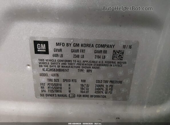 KL4CJHSB3HB046147 2017 BUICK ENCORE Silver Widok komory silnika