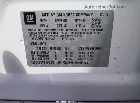 KL4CJHSM7HB101362 2017 BUICK ENCORE White Engine compartment view