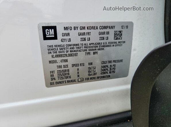 KL4MMBS29LB083107 2020 BUICK ENCORE White VIN კოდის სტიკერის ხედი