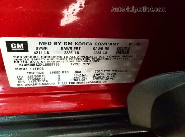 KL4MMBS2XLB099798 2020 BUICK ENCORE Red Widok naklejki z numerem VIN