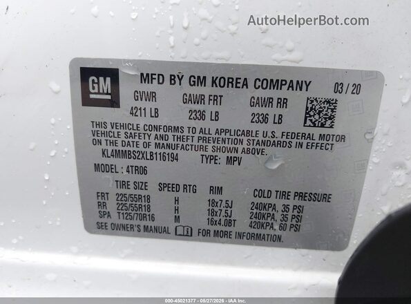 KL4MMBS2XLB116194 2020 BUICK ENCORE White Вид підкапотного простору