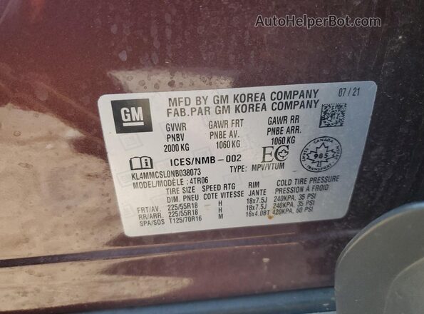 KL4MMCSL0NB038073 2022 BUICK ENCORE Brown VIN კოდის სტიკერის ხედი