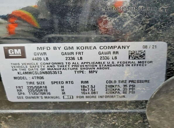 KL4MMCSL0NB053513 2022 BUICK ENCORE Black Вид наклейки з VIN-кодом