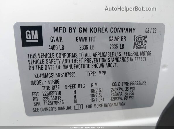 KL4MMCSL5NB107985 2022 BUICK ENCORE White Вид підкапотного простору