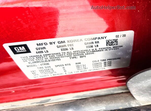 KL4MMCSL8LB102793 2020 BUICK ENCORE Red 