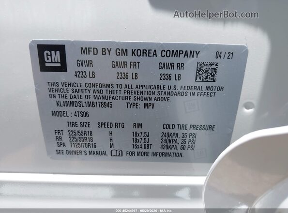 KL4MMDSL1MB178945 2021 BUICK ENCORE White ძრავის განყოფილების ხედი