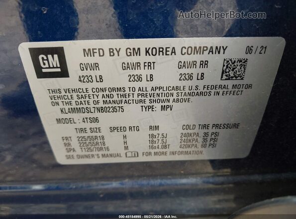 KL4MMDSL7NB023575 2022 BUICK ENCORE Blue ძრავის განყოფილების ხედი