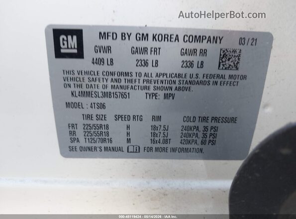 KL4MMESL3MB157651 2021 BUICK ENCORE White Engine compartment view
