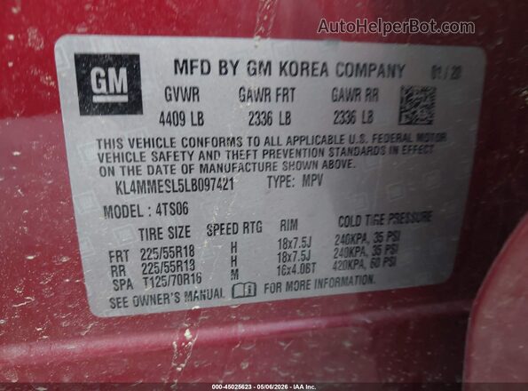 KL4MMESL5LB097421 2020 BUICK ENCORE Red Вид підкапотного простору