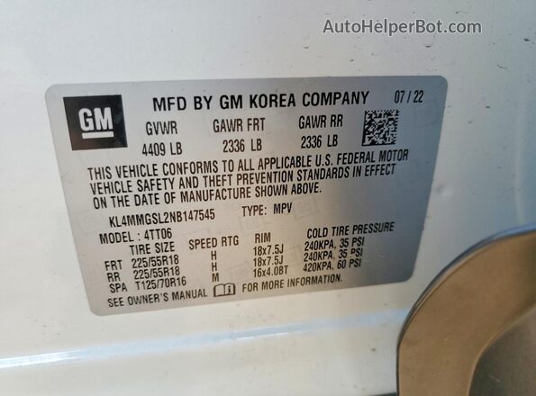 KL4MMGSL2NB147545 2022 BUICK ENCORE Белый 