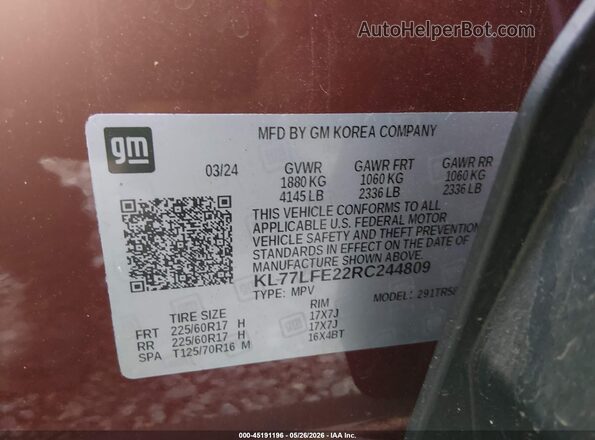 KL77LFE22RC244809 2024 CHEVROLET TRAX Burgundy 