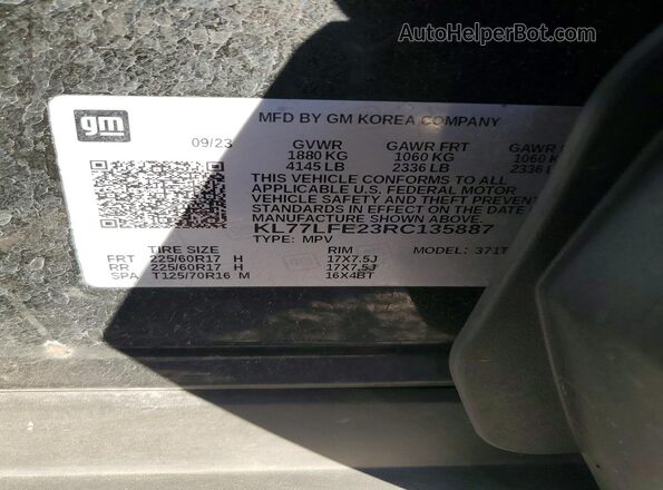 KL77LFE23RC135887 2024 CHEVROLET TRAX Черный Вид наклейки с VIN-кодом