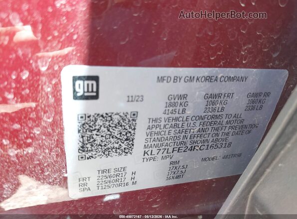 KL77LFE24RC165318 2024 CHEVROLET TRAX Maroon Вид підкапотного простору