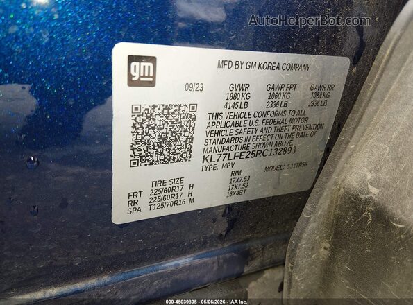 KL77LFE25RC132893 2024 CHEVROLET TRAX Blue Շարժիչի բաժամունքի տեսք