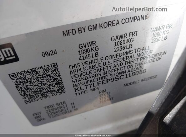 KL77LFEP9SC118058 2025 CHEVROLET TRAX White Вид підкапотного простору