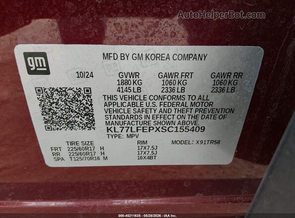 KL77LFEPXSC155409 2025 CHEVROLET TRAX Red Widok komory silnika