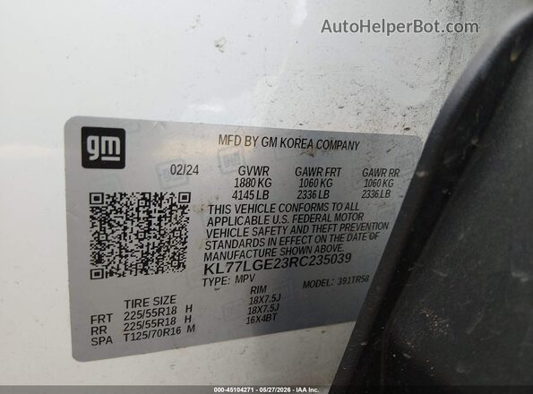 KL77LGE23RC235039 2024 CHEVROLET TRAX White Vista del compartimento del motor