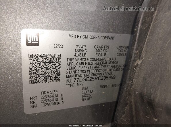 KL77LGE25RC205959 2024 CHEVROLET TRAX Gray Շարժիչի բաժամունքի տեսք