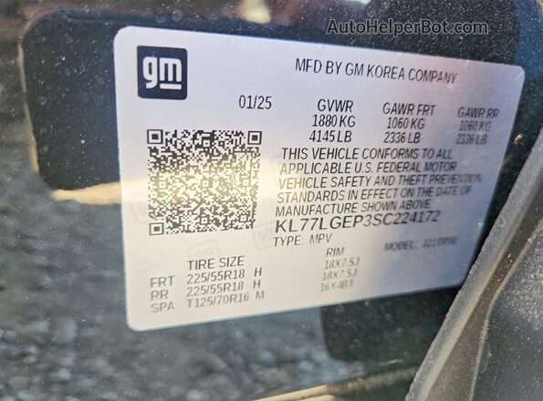 KL77LGEP3SC224172 2025 CHEVROLET TRAX Black Widok wnętrza 360 stopni