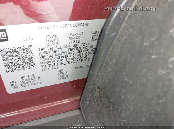 KL77LHE20RC239703 2024 CHEVROLET TRAX Red 