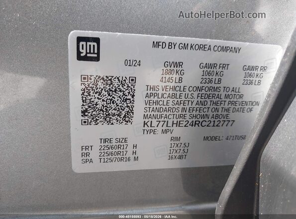 KL77LHE24RC212777 2024 CHEVROLET TRAX Gray 