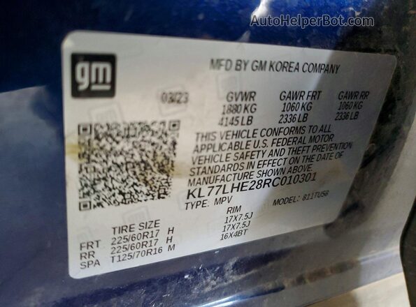 KL77LHE28RC010301 2024 CHEVROLET TRAX Blue Вид підкапотного простору