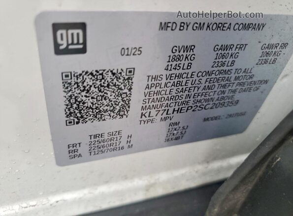 KL77LHEP2SC209359 2025 CHEVROLET TRAX White 
