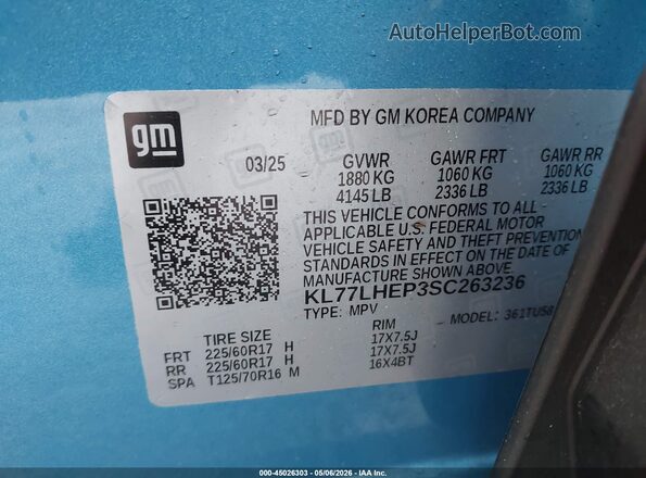 KL77LHEP3SC263236 2025 CHEVROLET TRAX Light Blue Вид подкапотного пространства