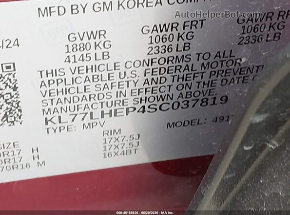 KL77LHEP4SC037819 2025 CHEVROLET TRAX Burgundy Շարժիչի բաժամունքի տեսք