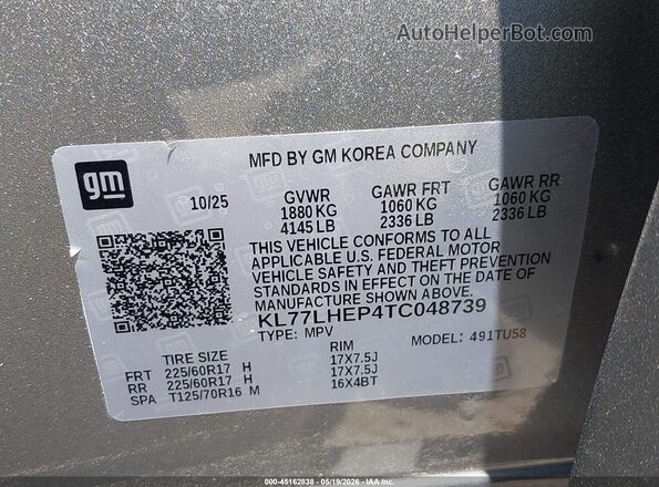 KL77LHEP4TC048739 2026 CHEVROLET TRAX Gray Շարժիչի բաժամունքի տեսք