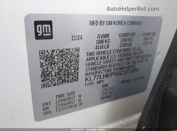 KL77LHEP5SC171805 2025 CHEVROLET TRAX White 