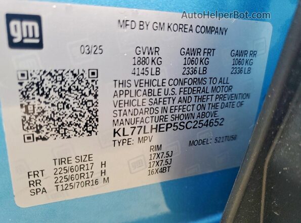 KL77LHEP5SC254652 2025 CHEVROLET TRAX Бирюзовый 