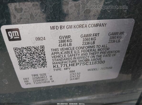 KL77LHEP7SC118300 2025 CHEVROLET TRAX Gray 
